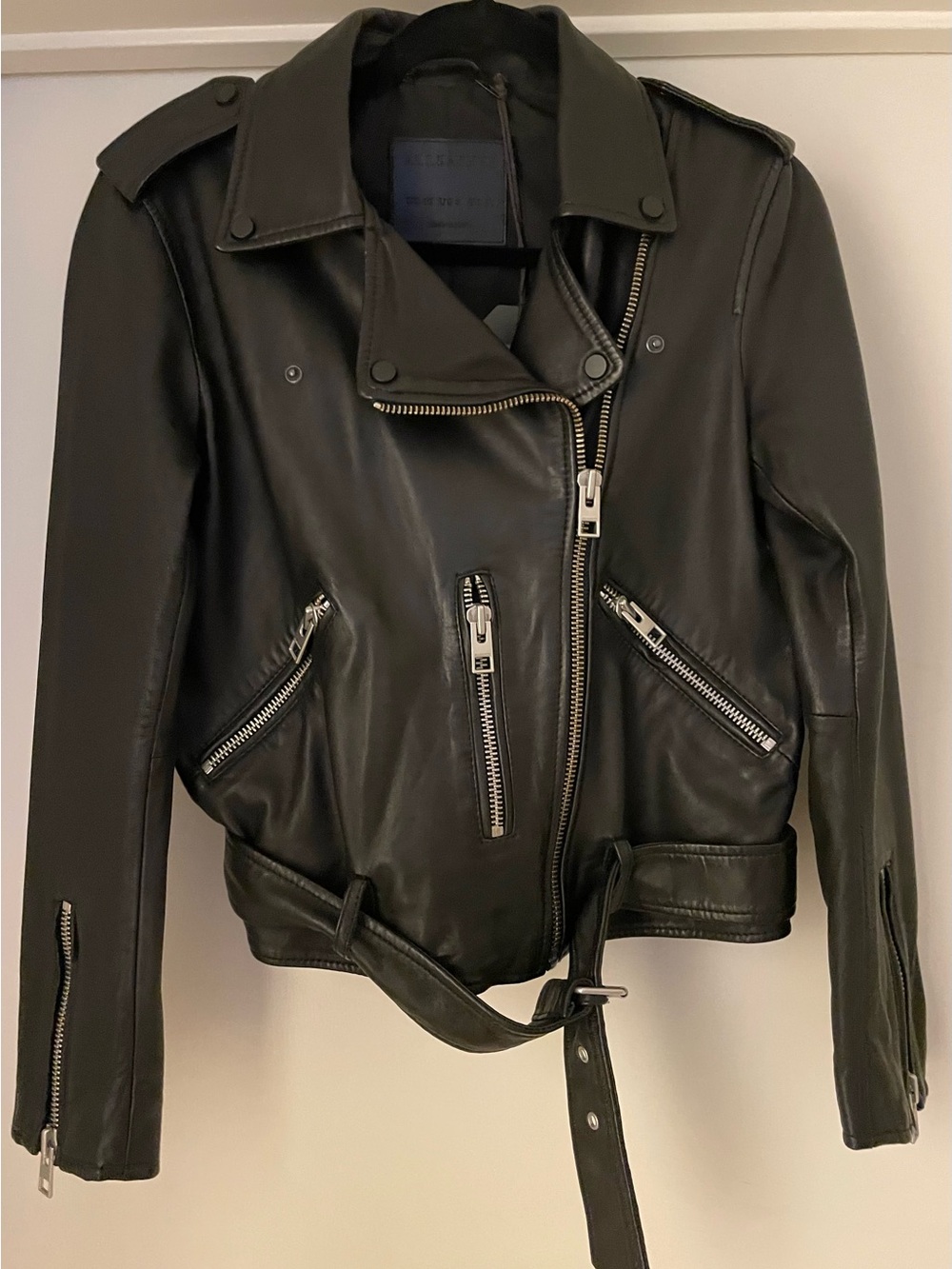 AllSaints Black Leather Moto Jacket with Belt